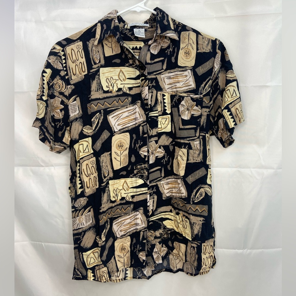EUC Vintage Maggie‎ Lawrence women’s black brown geometric button down shirt S